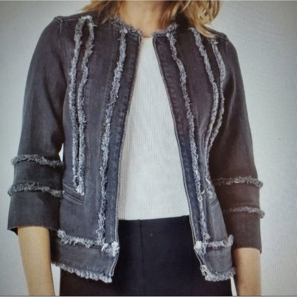Liverpool Los Angeles Frayed Trim Collarless Denim Jacket Grey Size XS